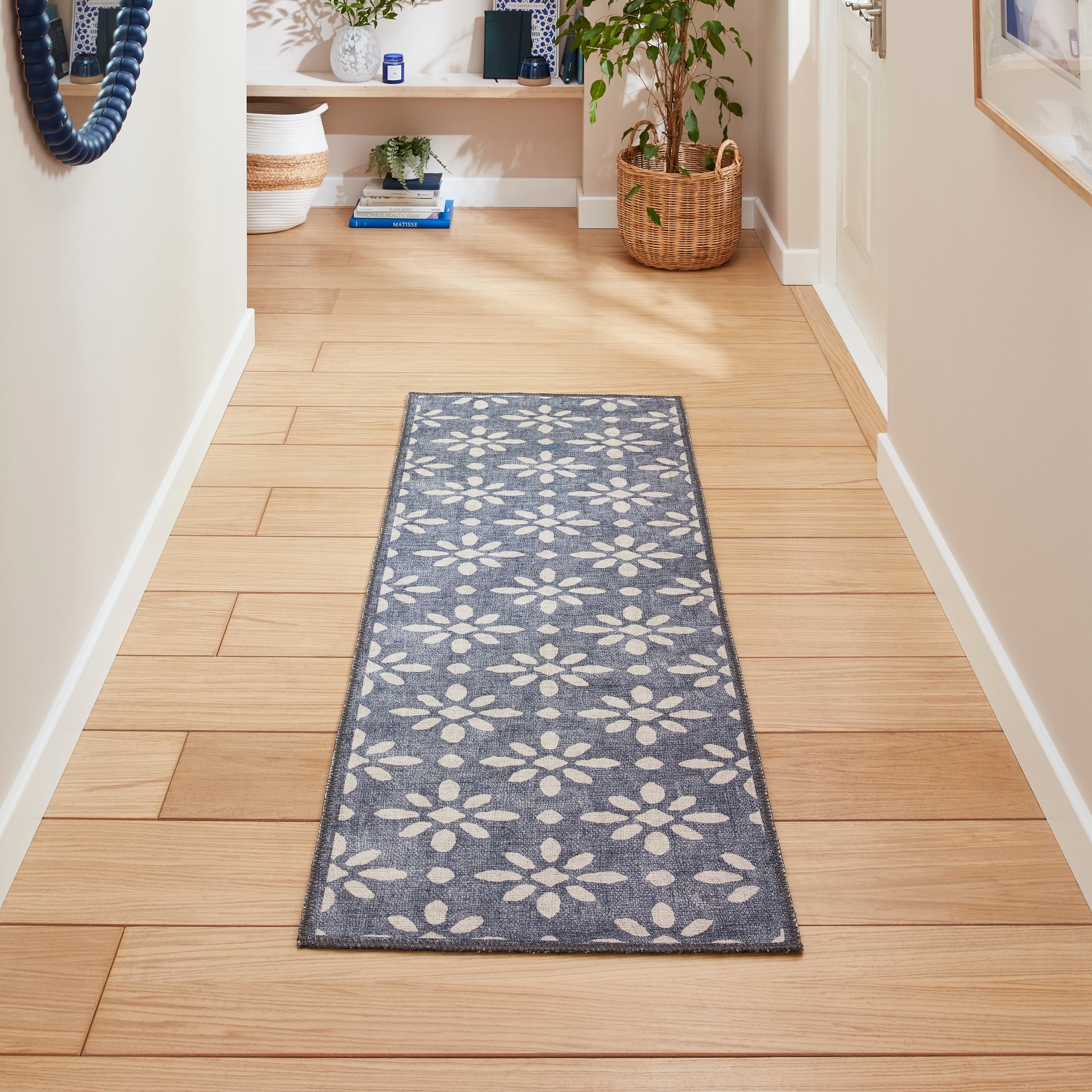 Coral H1062 Modern Washable Geometric Runner Rugs In Blue